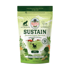 Gussy's Gut Sustain bottle close-up, fermented prebiotic formula supports digestion in dogs.