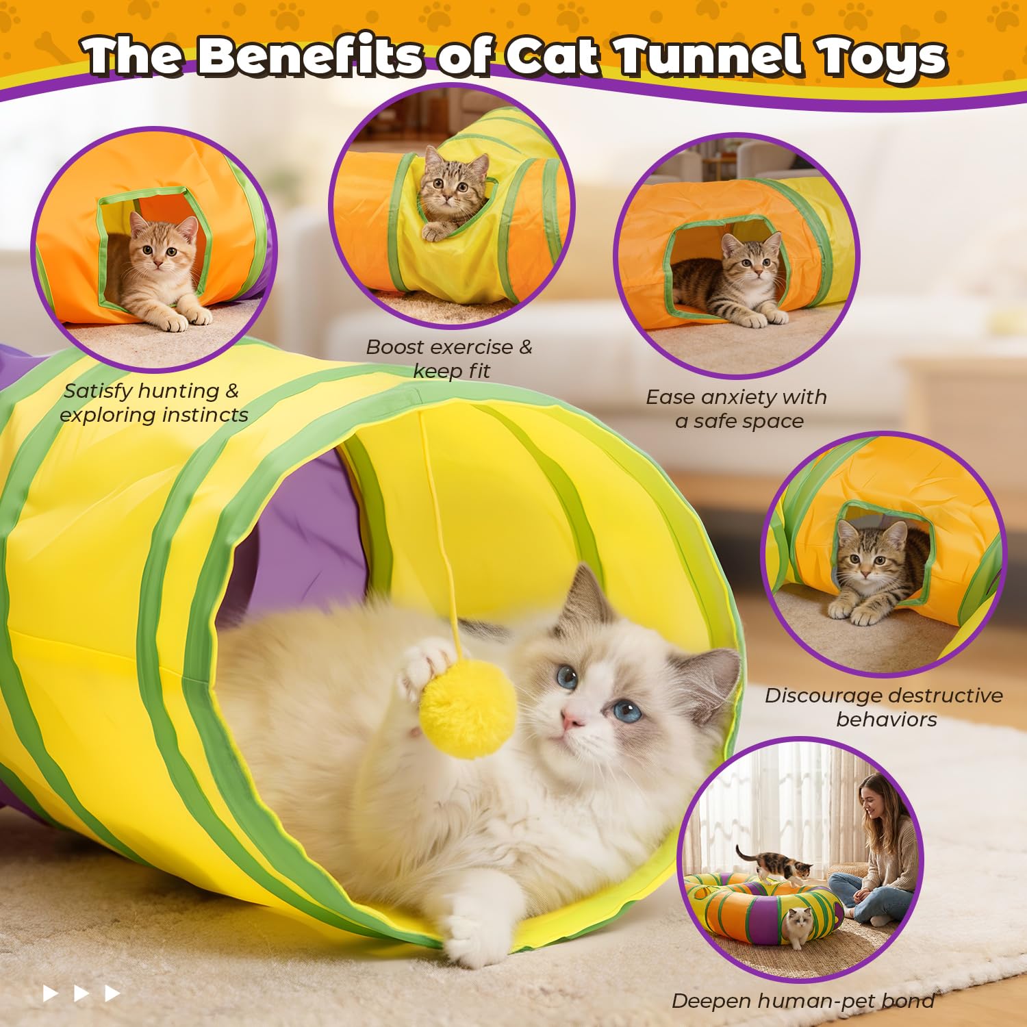 GUSTYLE cat tunnel with interactive holes for quick dashes and ambush play.