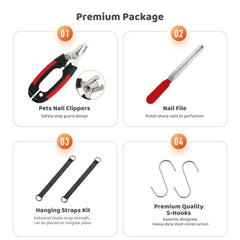 Guzekier grooming kit components including safety-stop clippers and two slings.