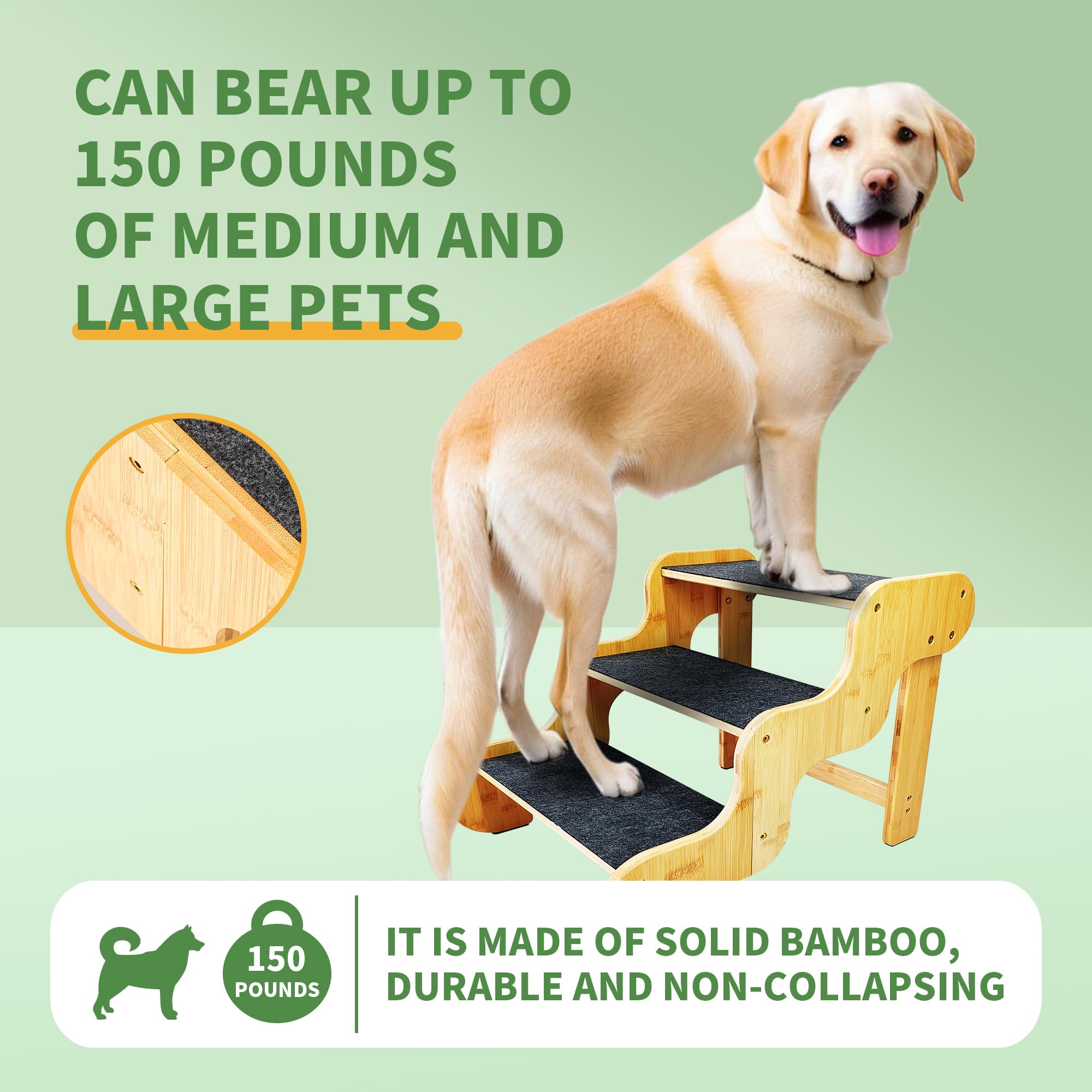 GXONE 3-step bamboo dog stairs side view highlighting stability