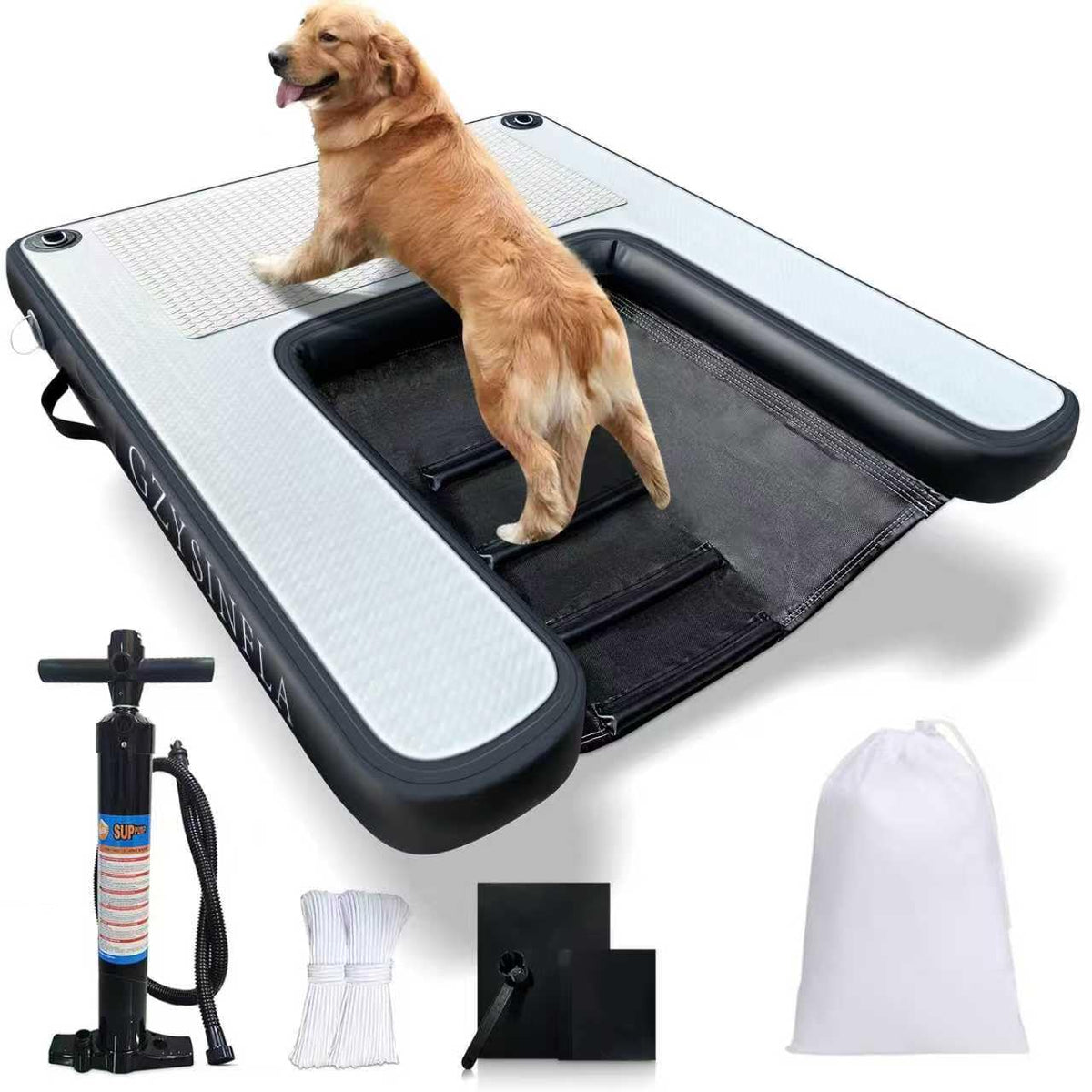 GZYSINFLA inflatable dog ramp in use, easing entry for a large dog from water