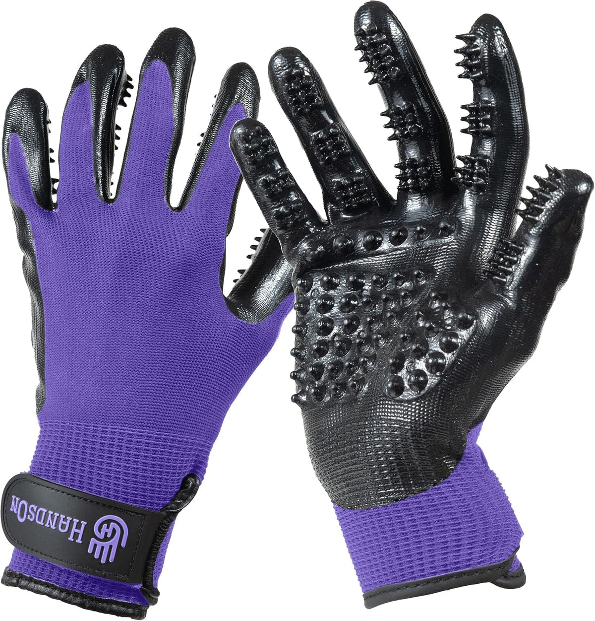 H HANDSON pet grooming gloves in purple show gentle fur removal and soothing massage.