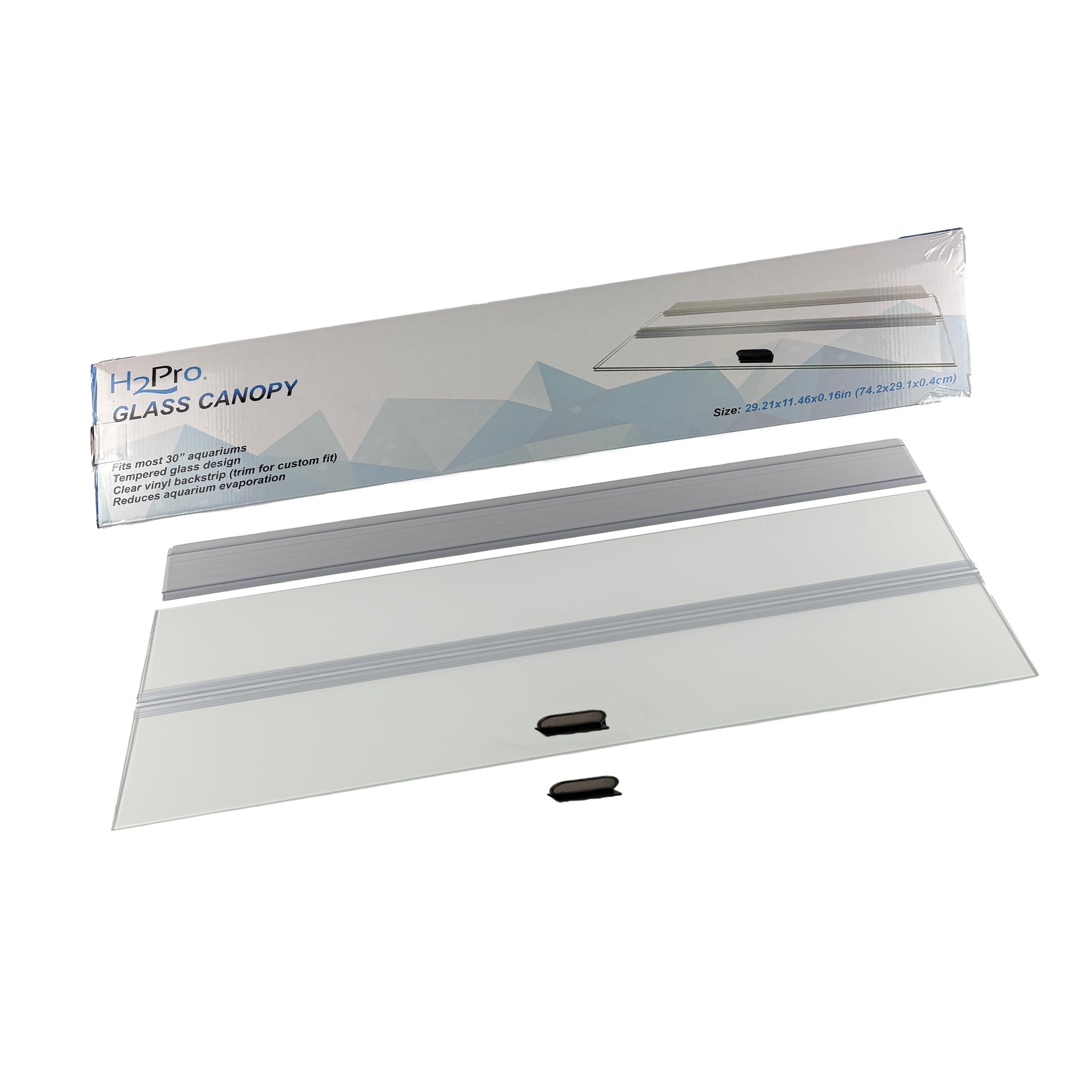 H2Pro glass canopy lid on Marineland 20 Long, front view, enhances light and reduces evaporation.