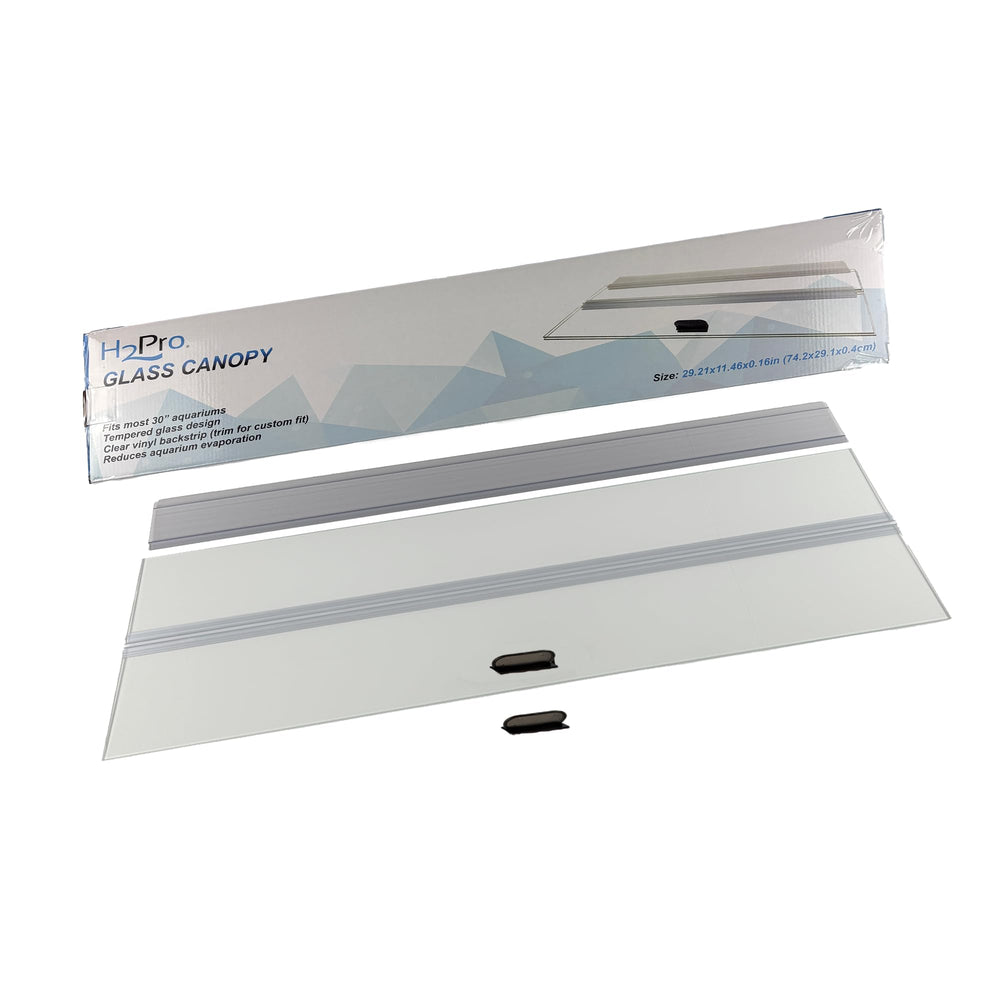 H2Pro glass canopy lid on Marineland 20 Long, front view, enhances light and reduces evaporation.