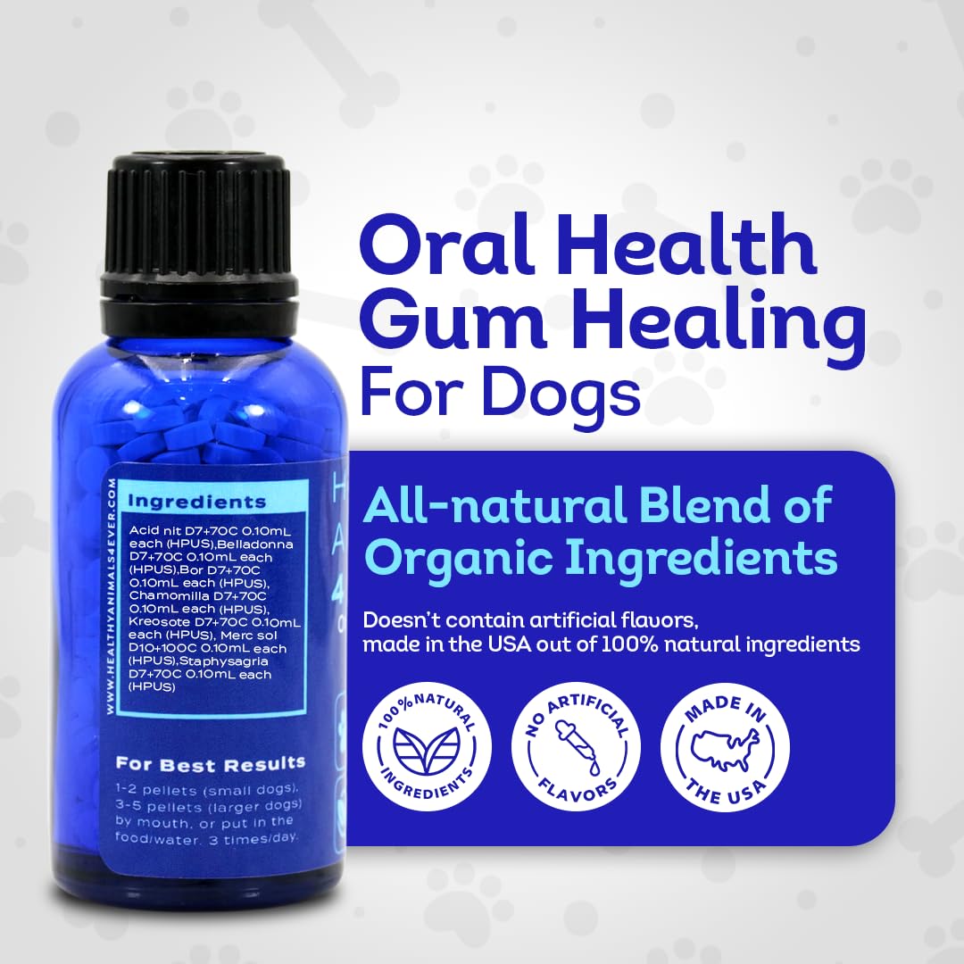 HA4E dog oral care bottle highlighting natural ingredients.
