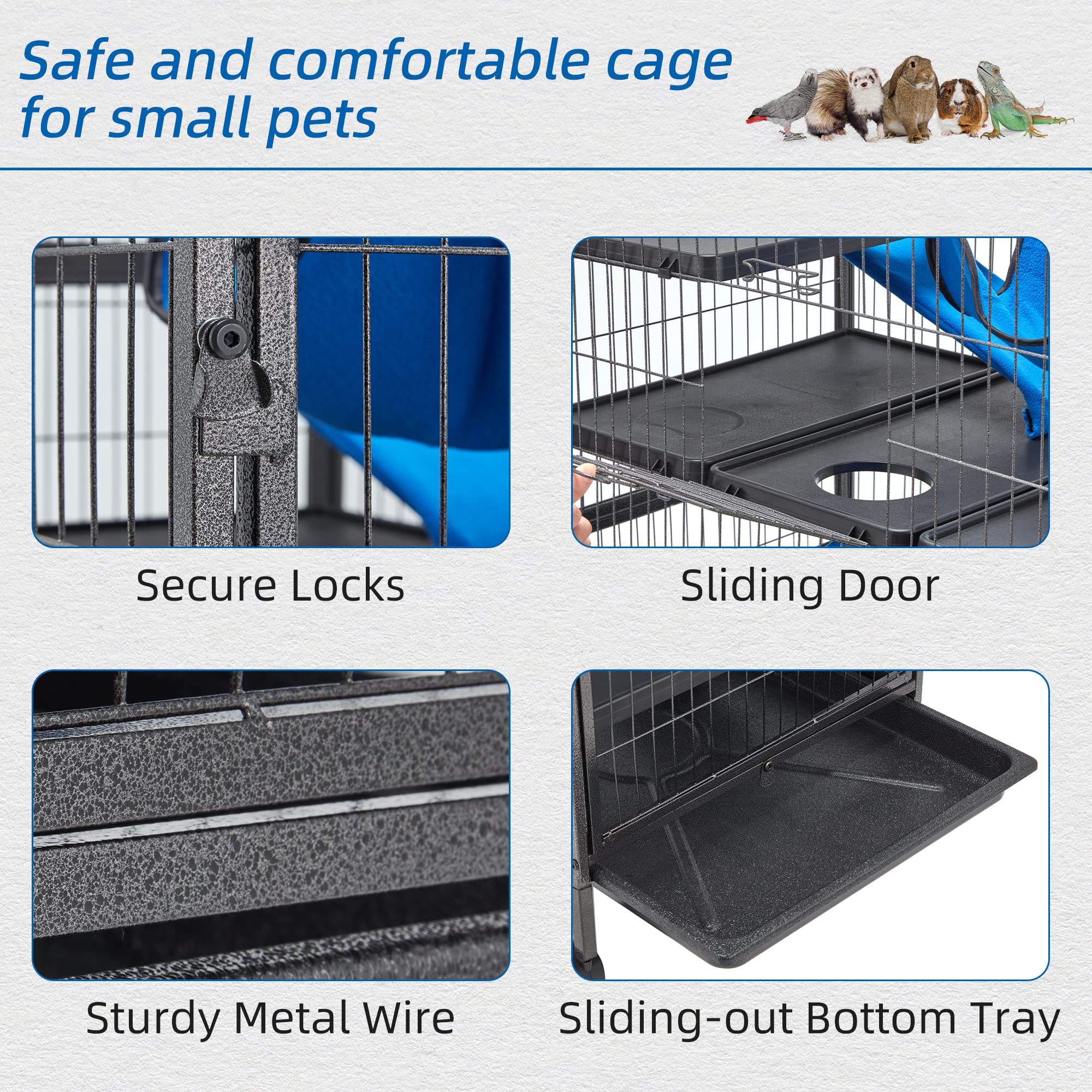 HABUTWAY chinchilla cage front view showing waterproof pull-out tray.