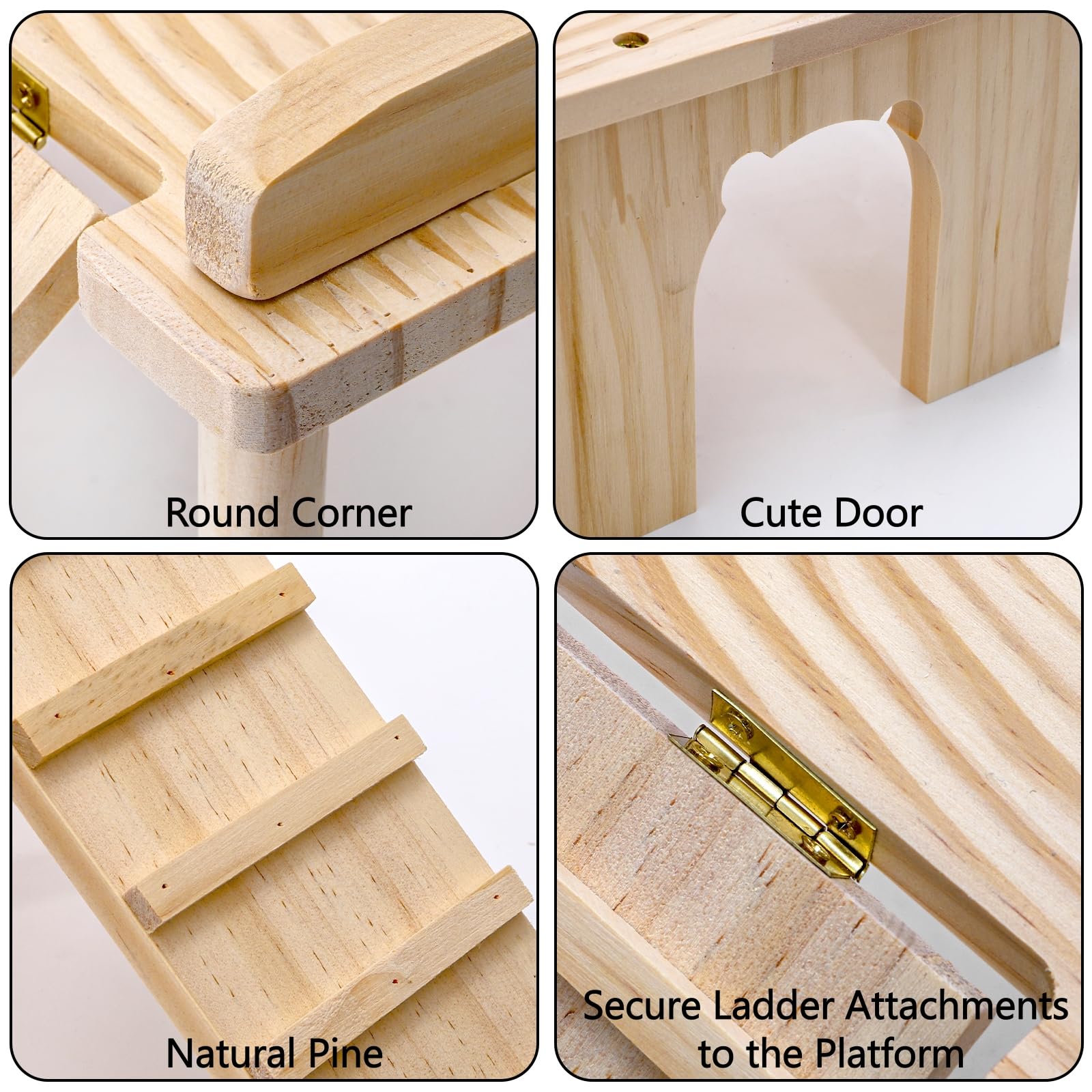 Hacaroa wooden habitat in natural pine for safe chewing.