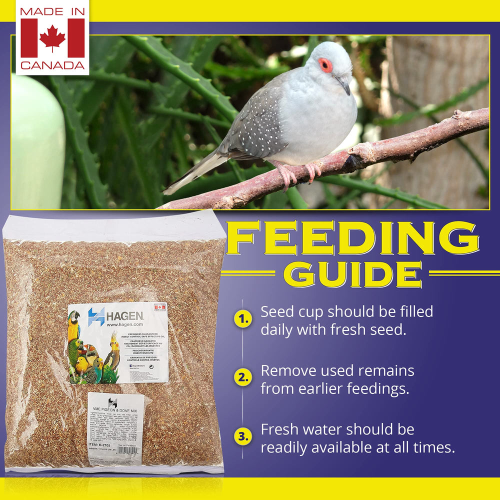 Hagen Pigeon Dove Seed Mix vitamins minerals pack shows fortified nutrients for vitality.