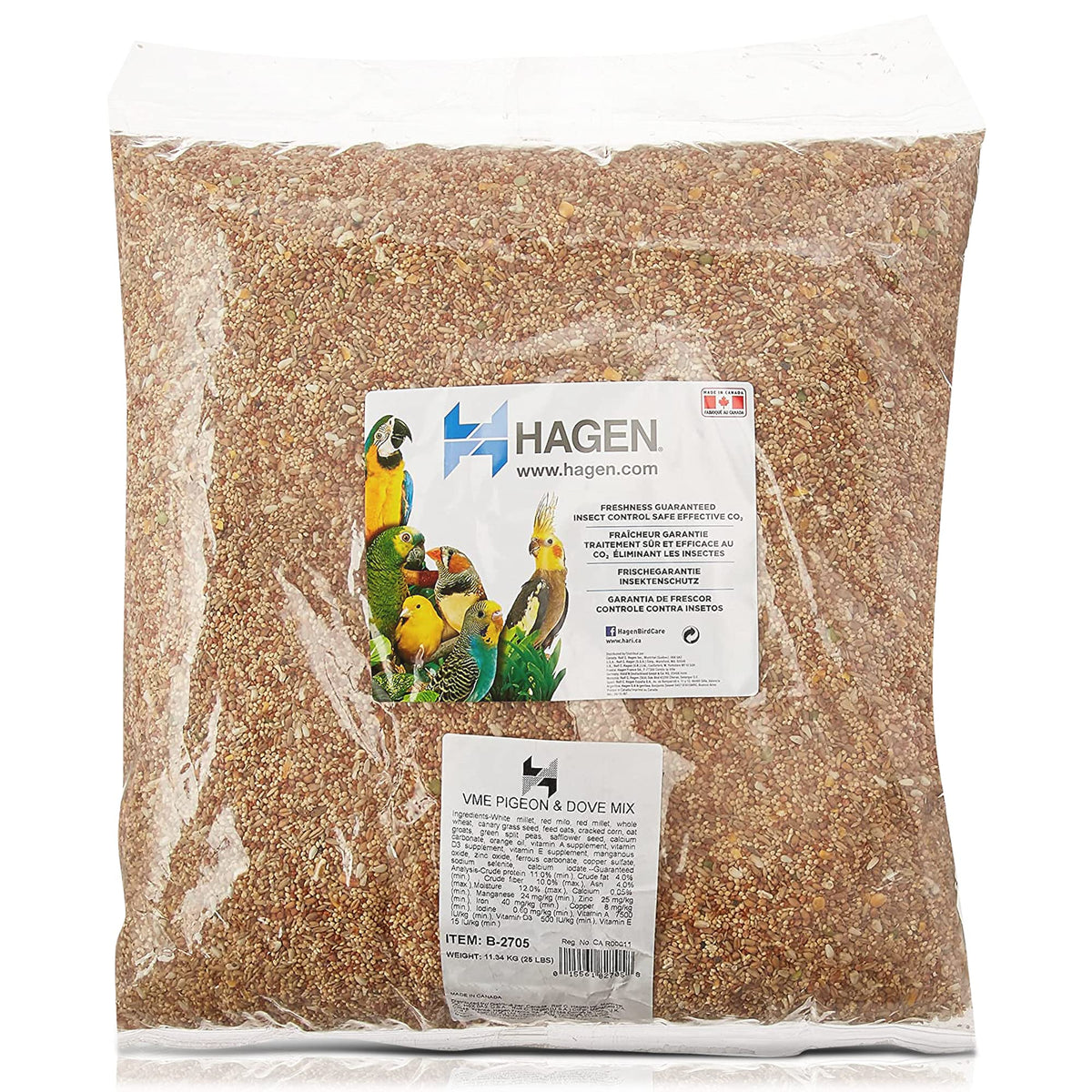 Hagen Pigeon Dove Seed Mix bag highlights dust-free formula for cleaner feeding.