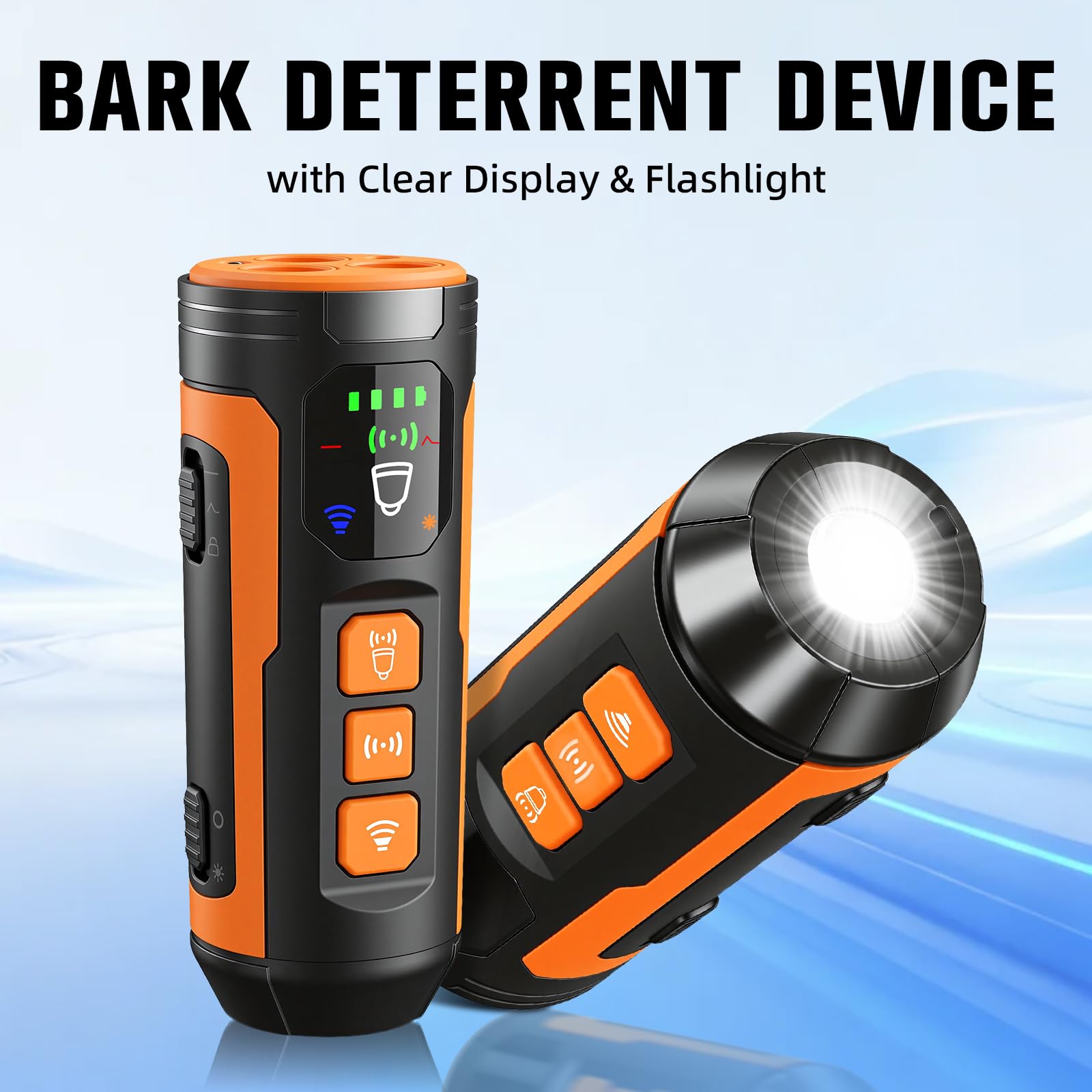 Haijunnm bark deterrent device LCD display shows mode and battery status.