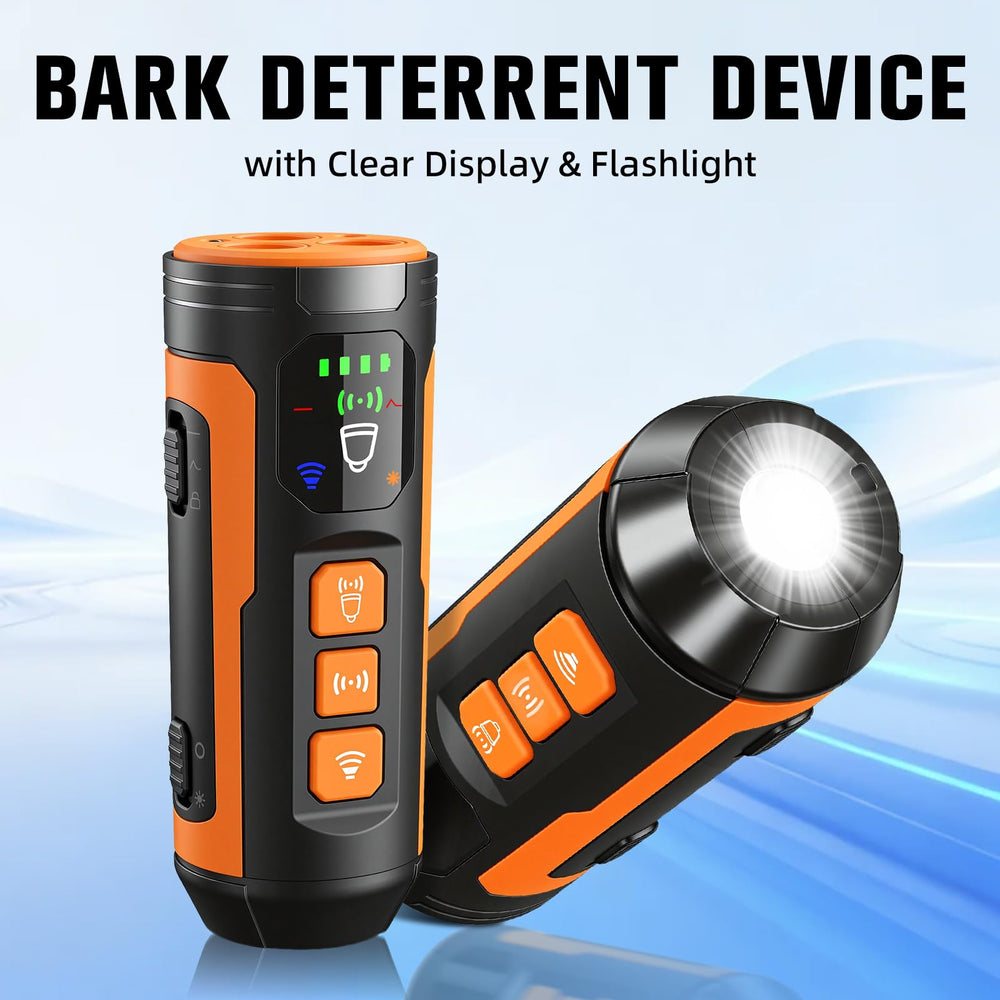Haijunnm bark deterrent device LCD display shows mode and battery status.
