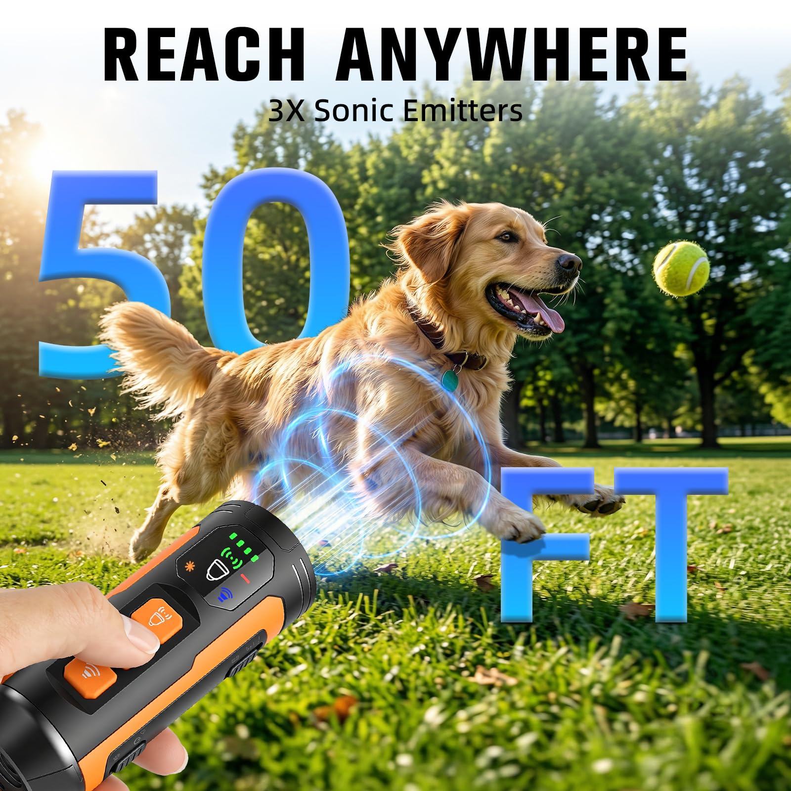 Haijunnm bark deterrent device triple ultrasonic emitters provide extended training range.