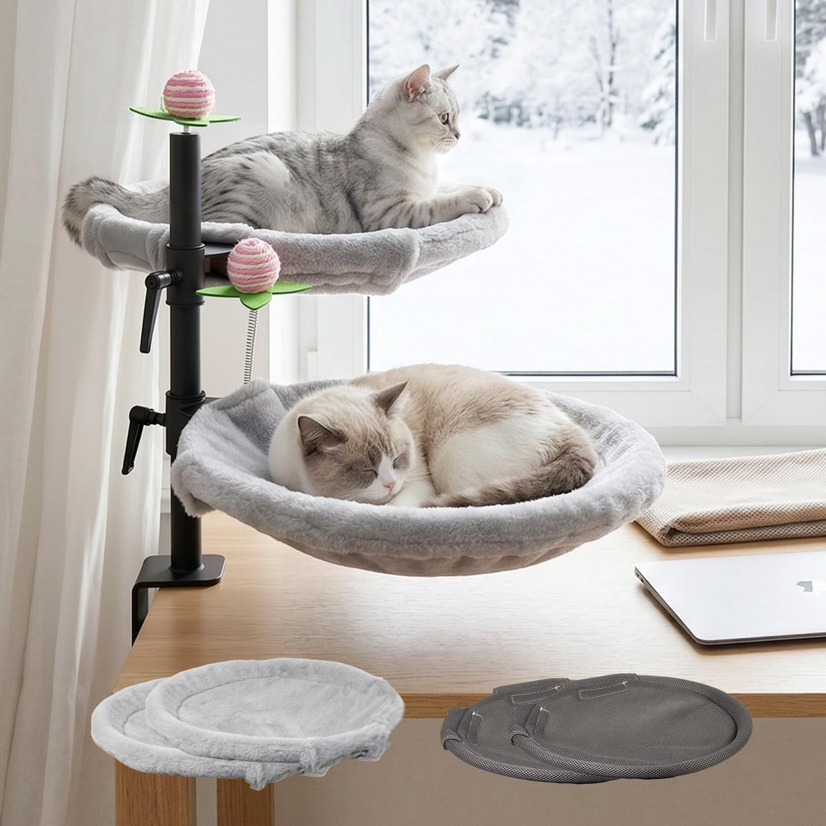 Haijunnm Double Cat Desk Bed showing 360° rotation for dual-cat viewing while you work