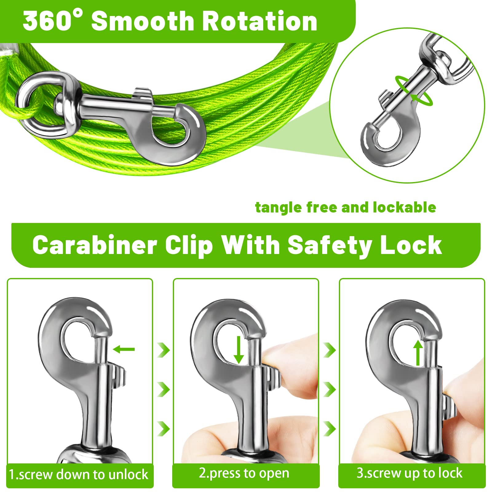 HaiYUAN dog tie out cable 15ft with clip for flexible outdoor space.