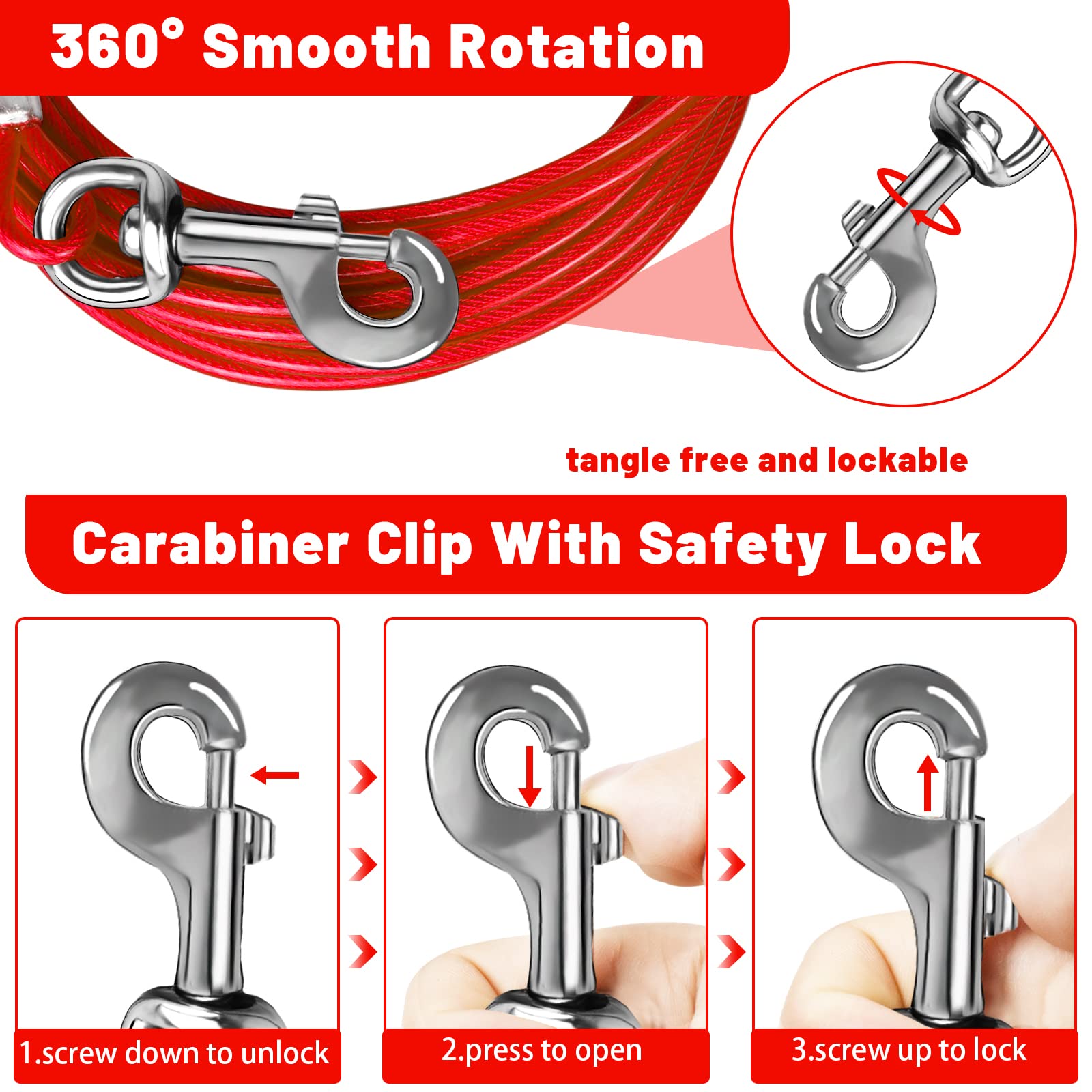 HaiYUAN dog tie out cable 15ft rotating clip for expanded yard reach