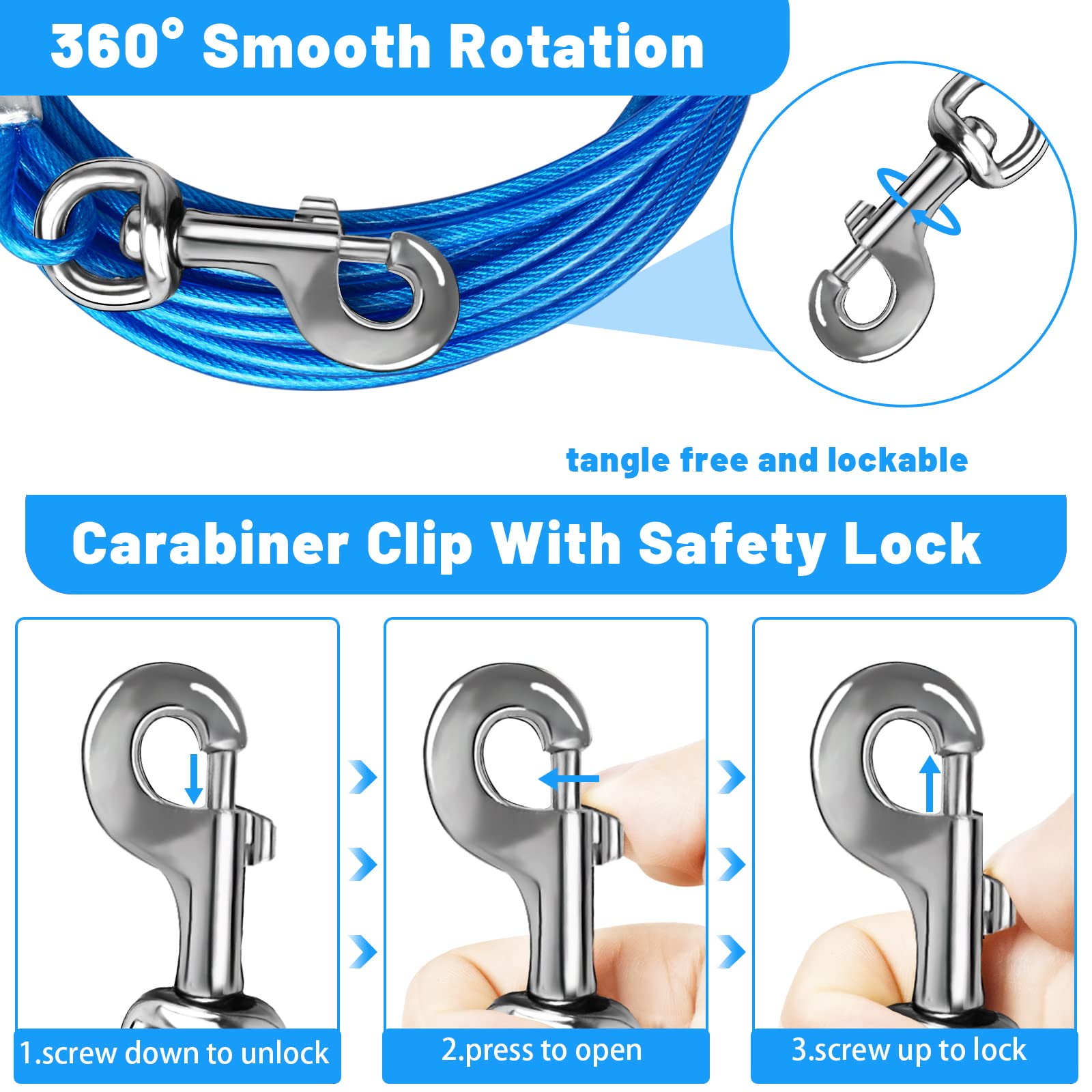 HaiYUAN dog tie-out cable 15ft offering greater reach for roaming in parks and yards.