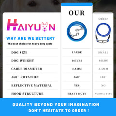HaiYUAN dog tie-out cable 25ft extends range for camping trips and park outings.