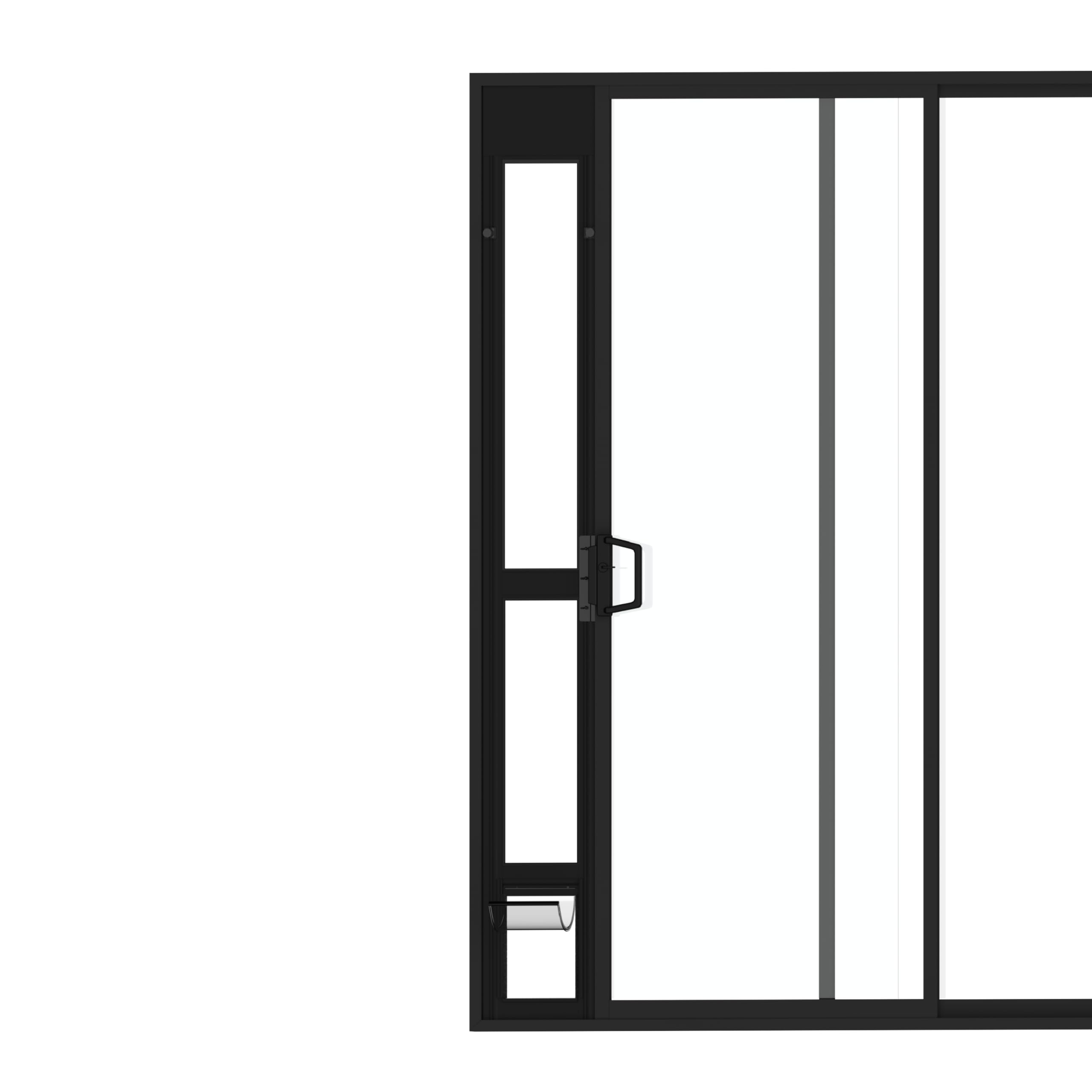Hakuna Pets black glass patio door frame viewed head-on, highlighting secure outdoor access for small pets.