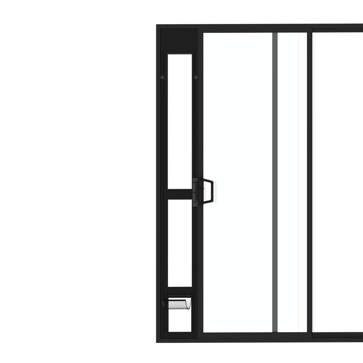 Hakuna Pets black glass patio door frame viewed head-on, highlighting secure outdoor access for small pets.