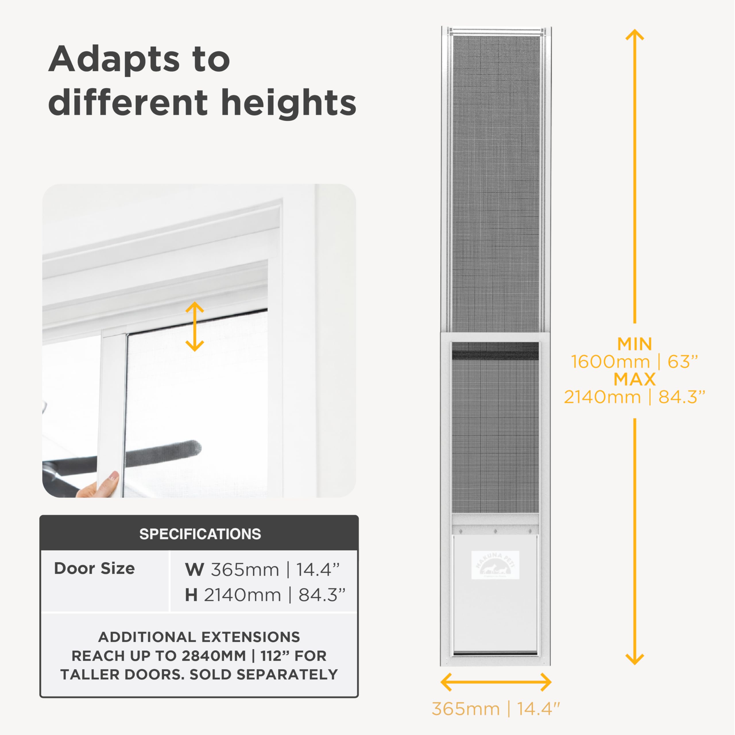 Hakuna Pets V2 size diagram shows width and height ranges for fit.