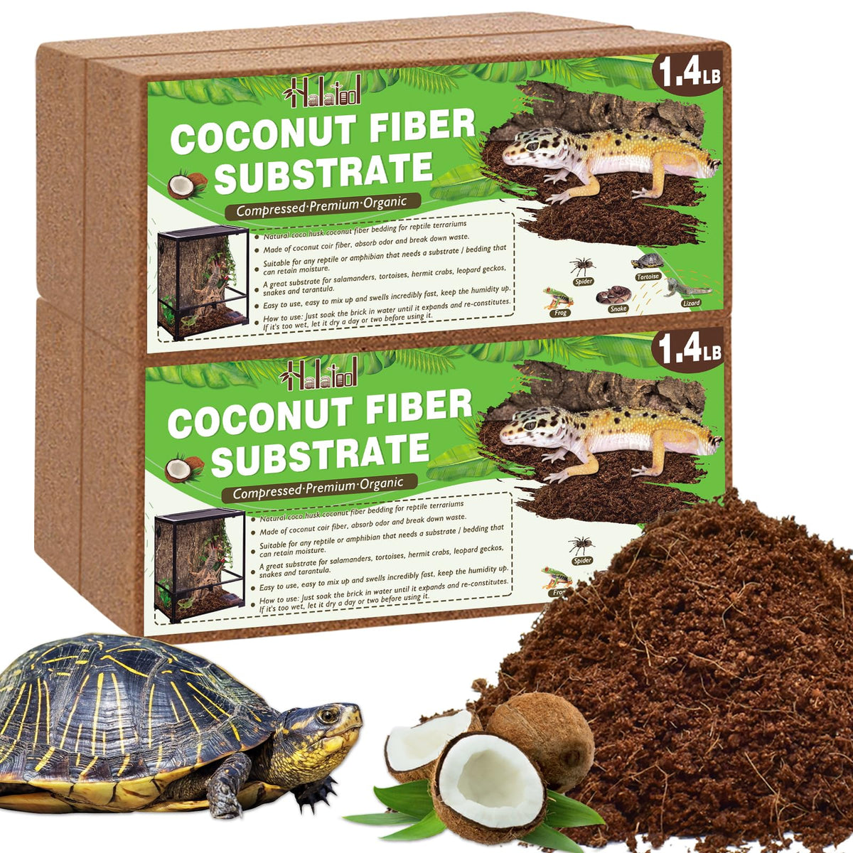 Halatool four-pack coconut coir bricks ready to hydrate for reptile habitats.