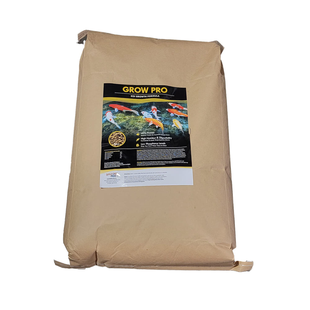 HALF OFF PONDS Grow Pro koi food bag closeup shows premium nutrition for pond growth.