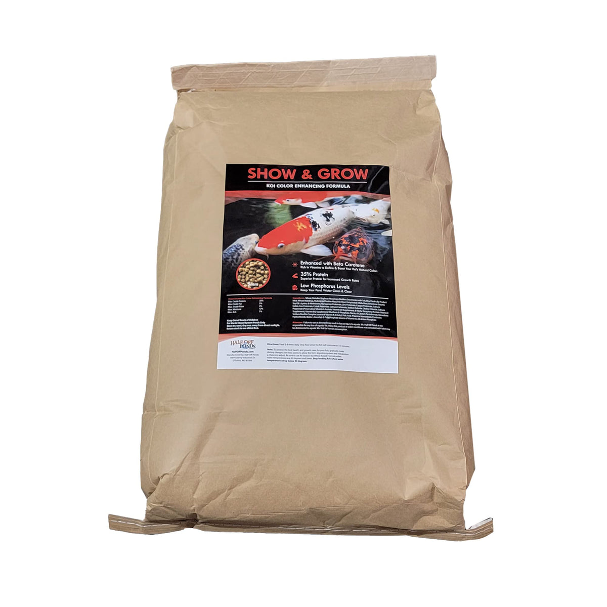 HALF OFF PONDS Show & Grow koi food bag showing premium pellets for color and growth