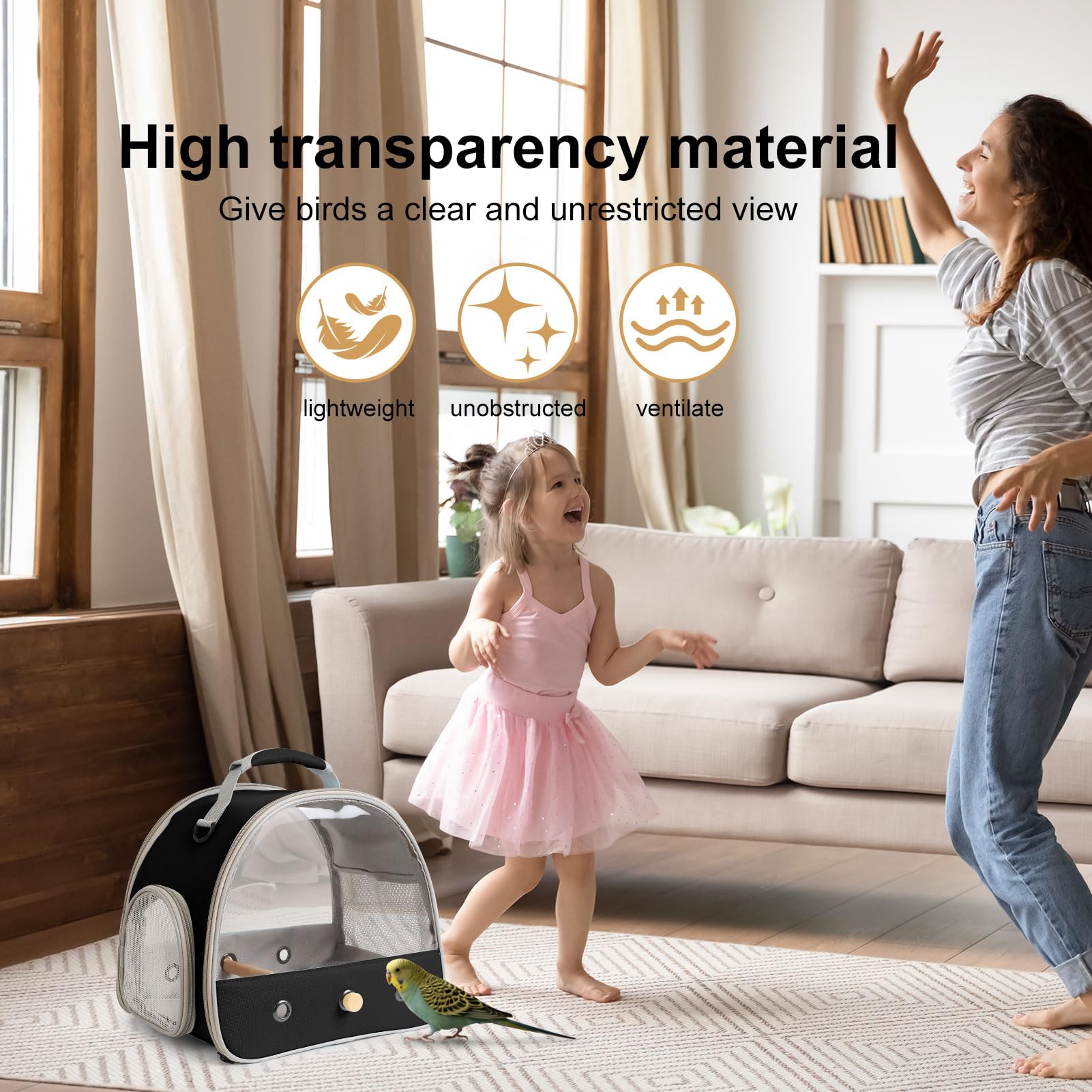 Halinfer bird carrier side pocket stores snacks and essentials.