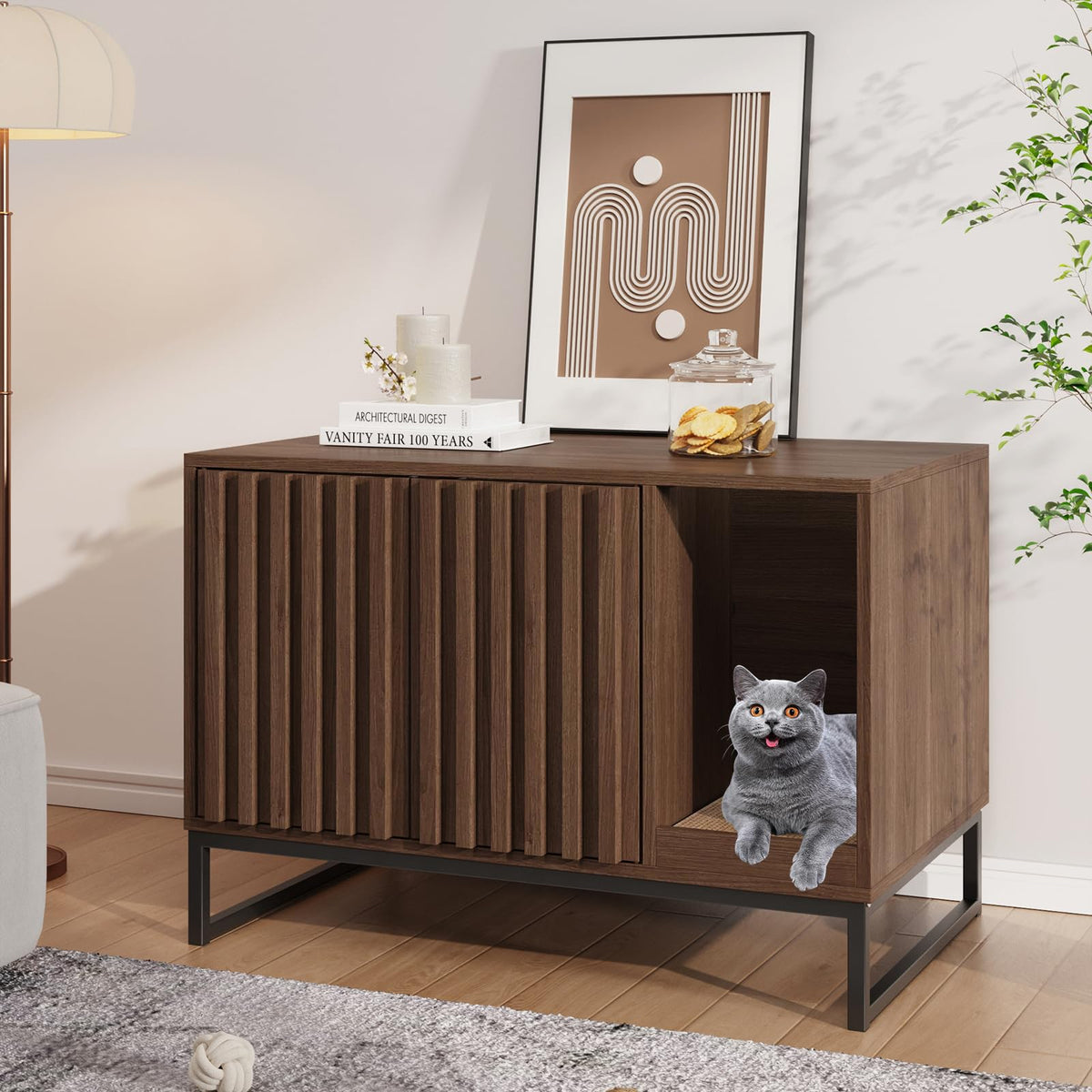 Halitaa cat litter box enclosure assembly in living room