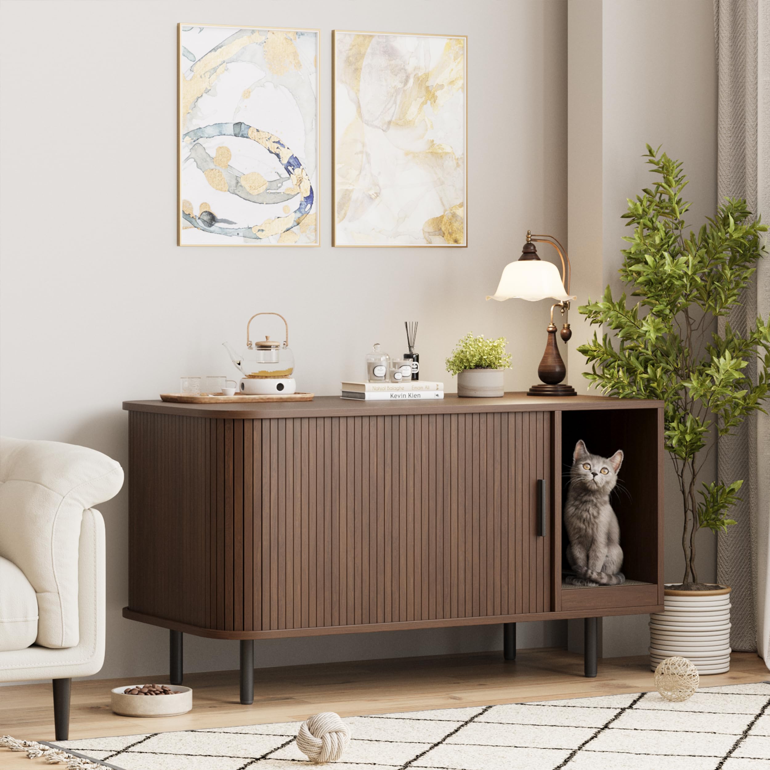 Versatile Halitaa unit doubles as a cat house or TV stand in a living room
