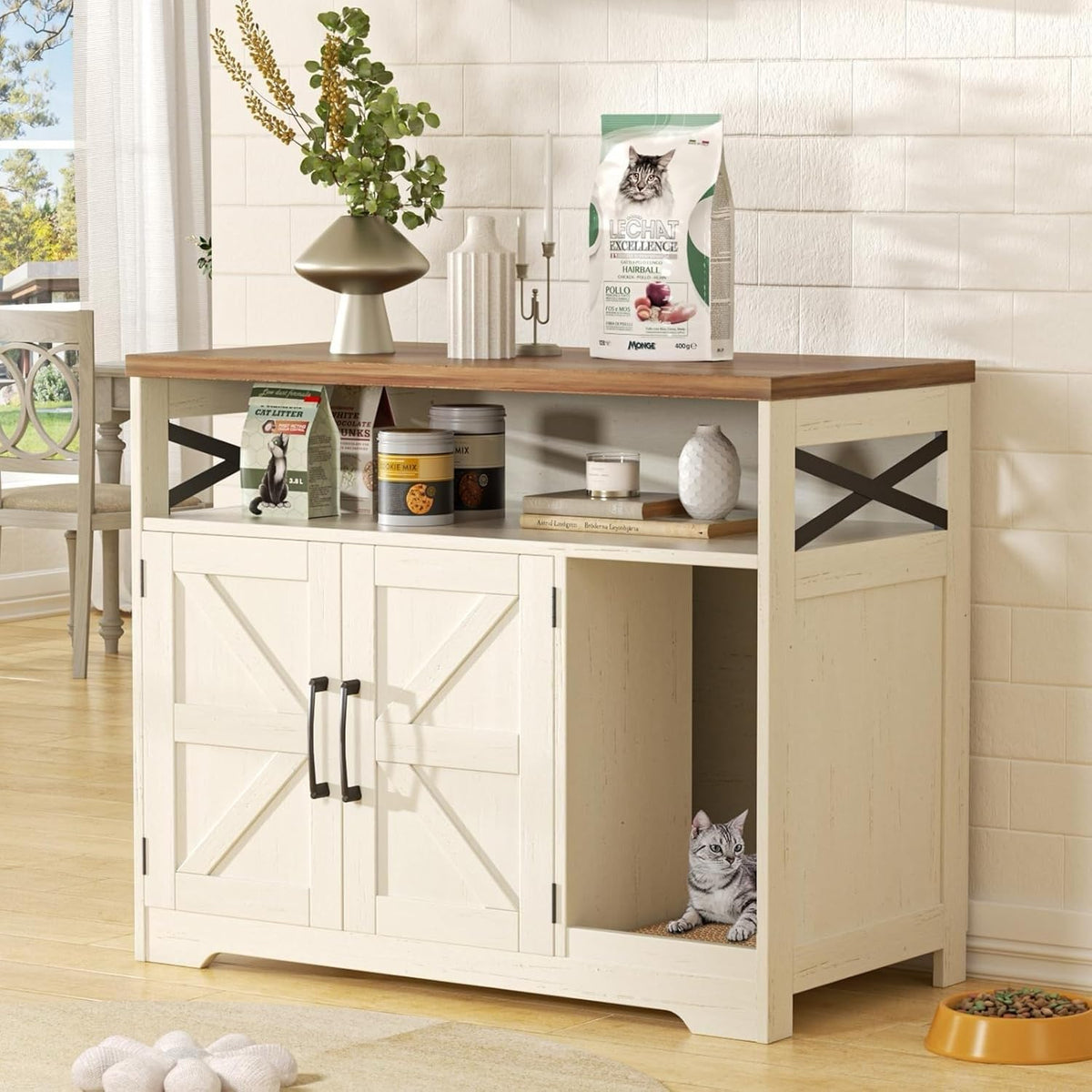 Halitaa cat litter box enclosure front view in white, stylish integration