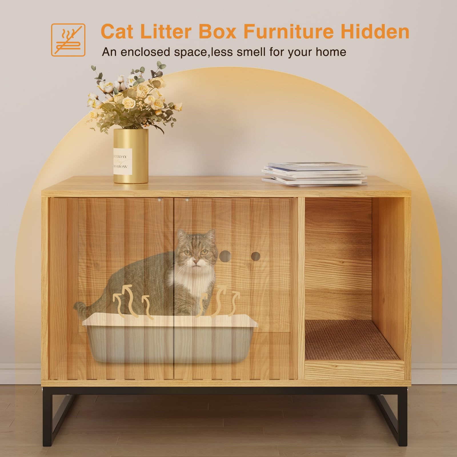 Halitaa litter box enclosure side panel highlights sturdy metal frame.