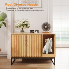 Halitaa litter box enclosure wood finish emphasizes durable construction.