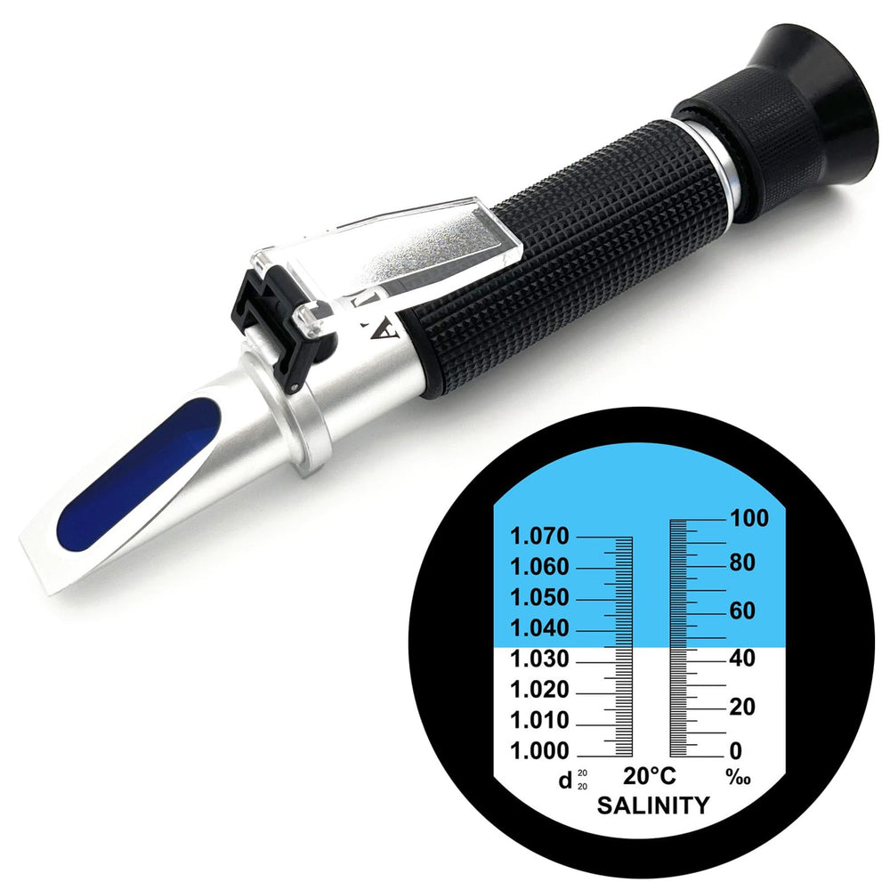 Hallocool salinity refractometer reading precise seawater salinity through the prism.