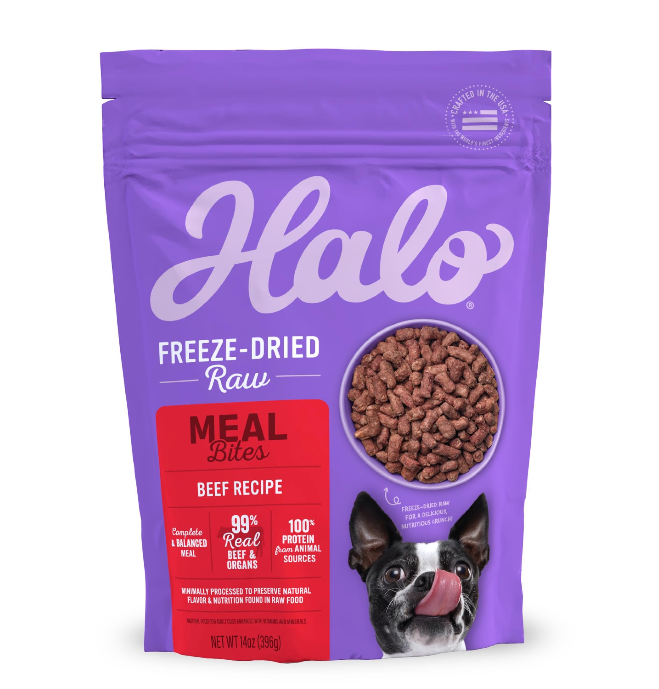 Halo Freeze Dried Raw Dog Food beef recipe bag with premium bites for natural energy.