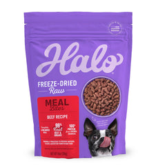 Halo Freeze Dried Raw Dog Food beef recipe bag with premium bites for natural energy.