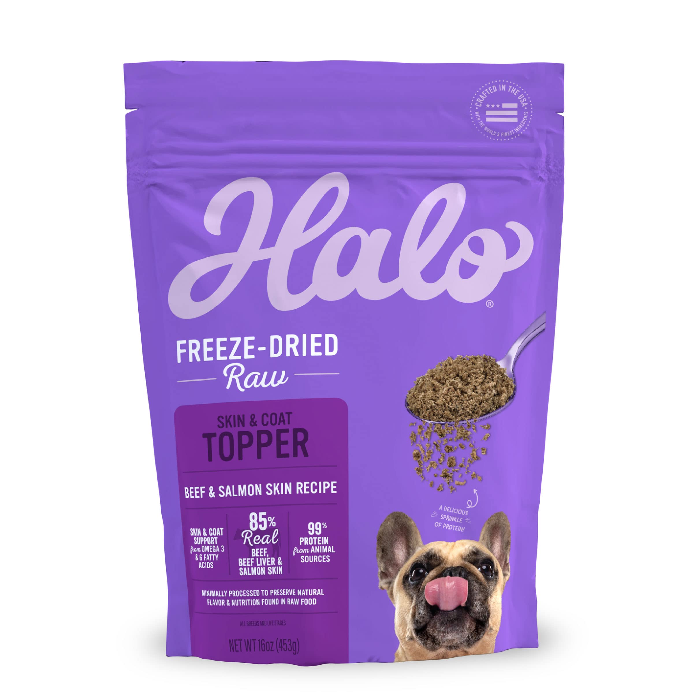 Halo Freeze Dried Raw Dog Topper beef-salmon bag to boost protein and flavor.