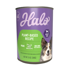 Halo Garden of Vegan wet dog food can with colorful vegetables.