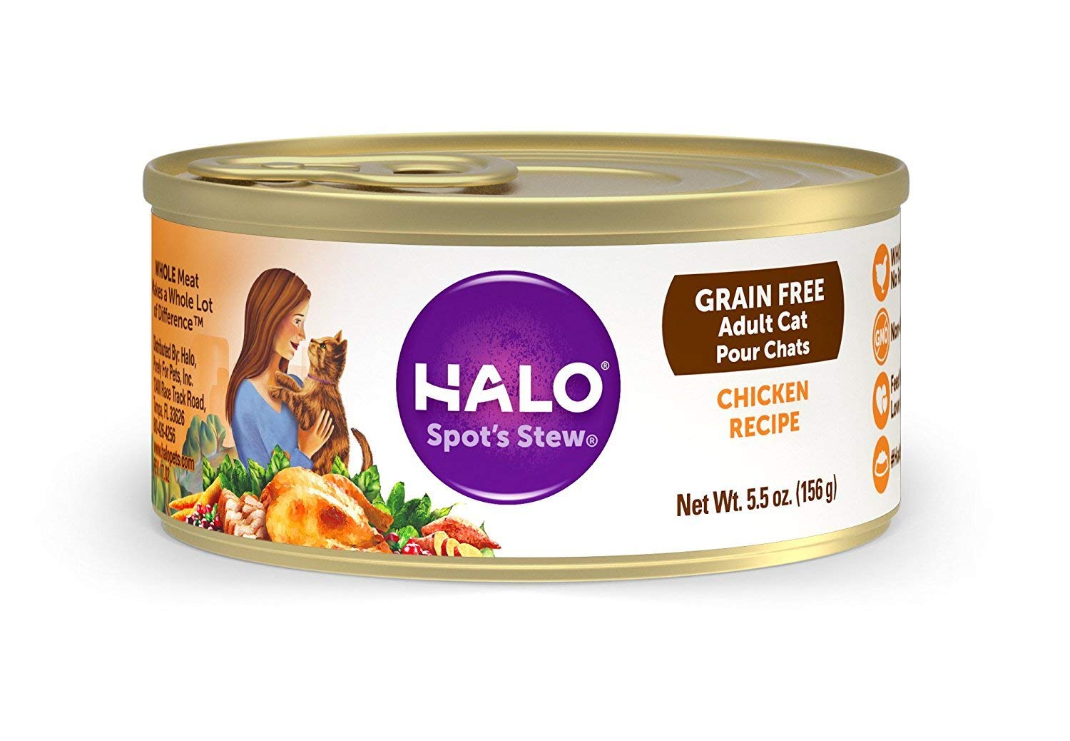 Halo Grain Free Soft Pate chicken in broth can for a palatable, complete adult cat meal