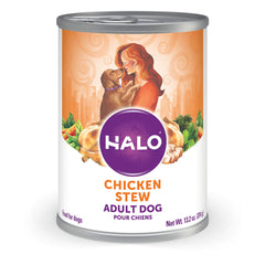 Halo Healthy Grains dog wet food with chicken in broth in bowl, promoting hydration and flavor