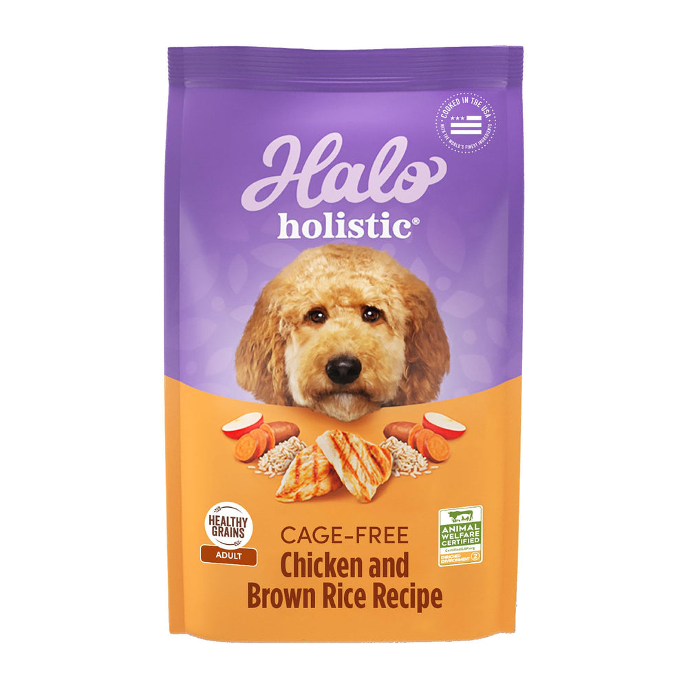 Halo Holistic dry dog food bag featuring cage-free chicken for daily digestion support