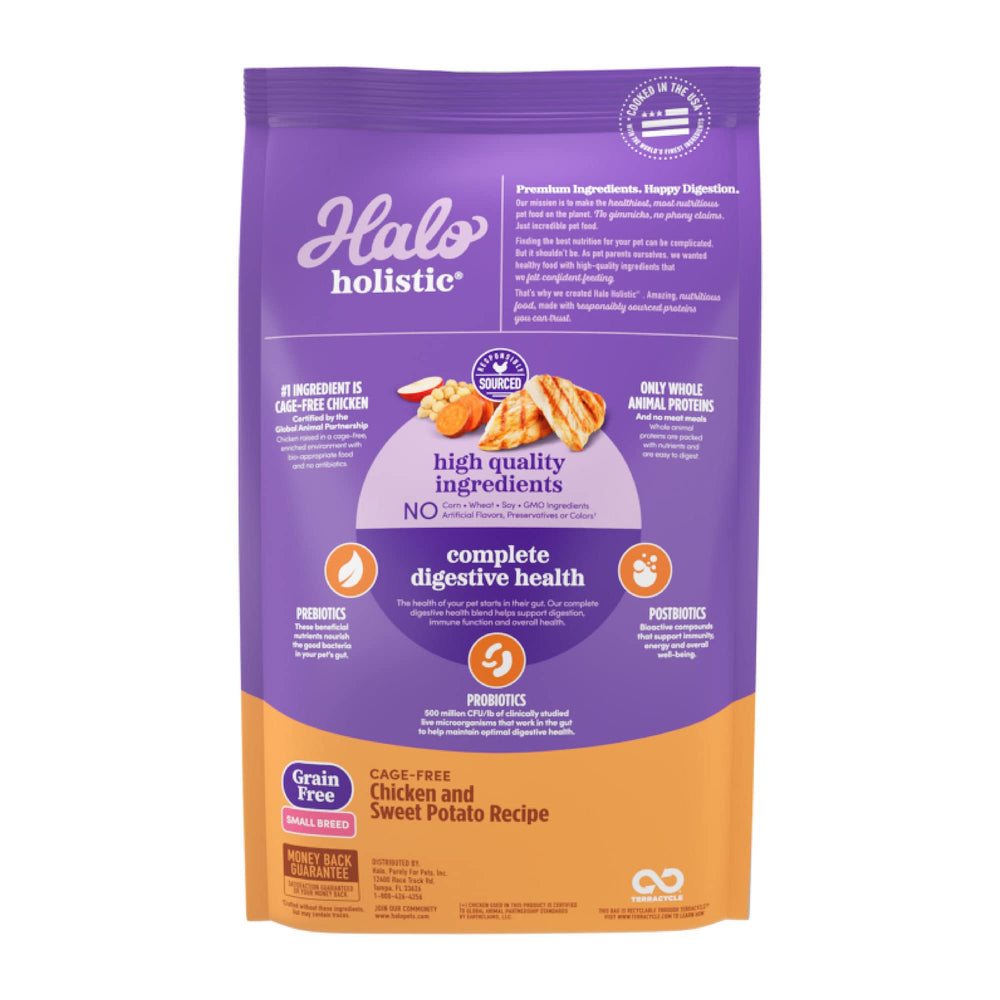 Halo Holistic cage-free chicken-first ingredient label emphasizes real meat appeal and digestible nutrition.