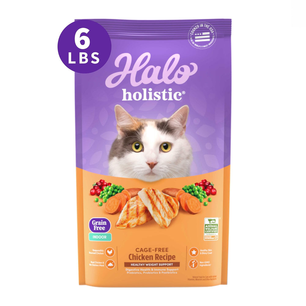 Halo Holistic cage-free chicken kibble bag showing real chicken as first ingredient for indoor cats