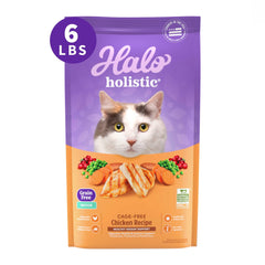 Halo Holistic cage-free chicken kibble bag showing real chicken as first ingredient for indoor cats