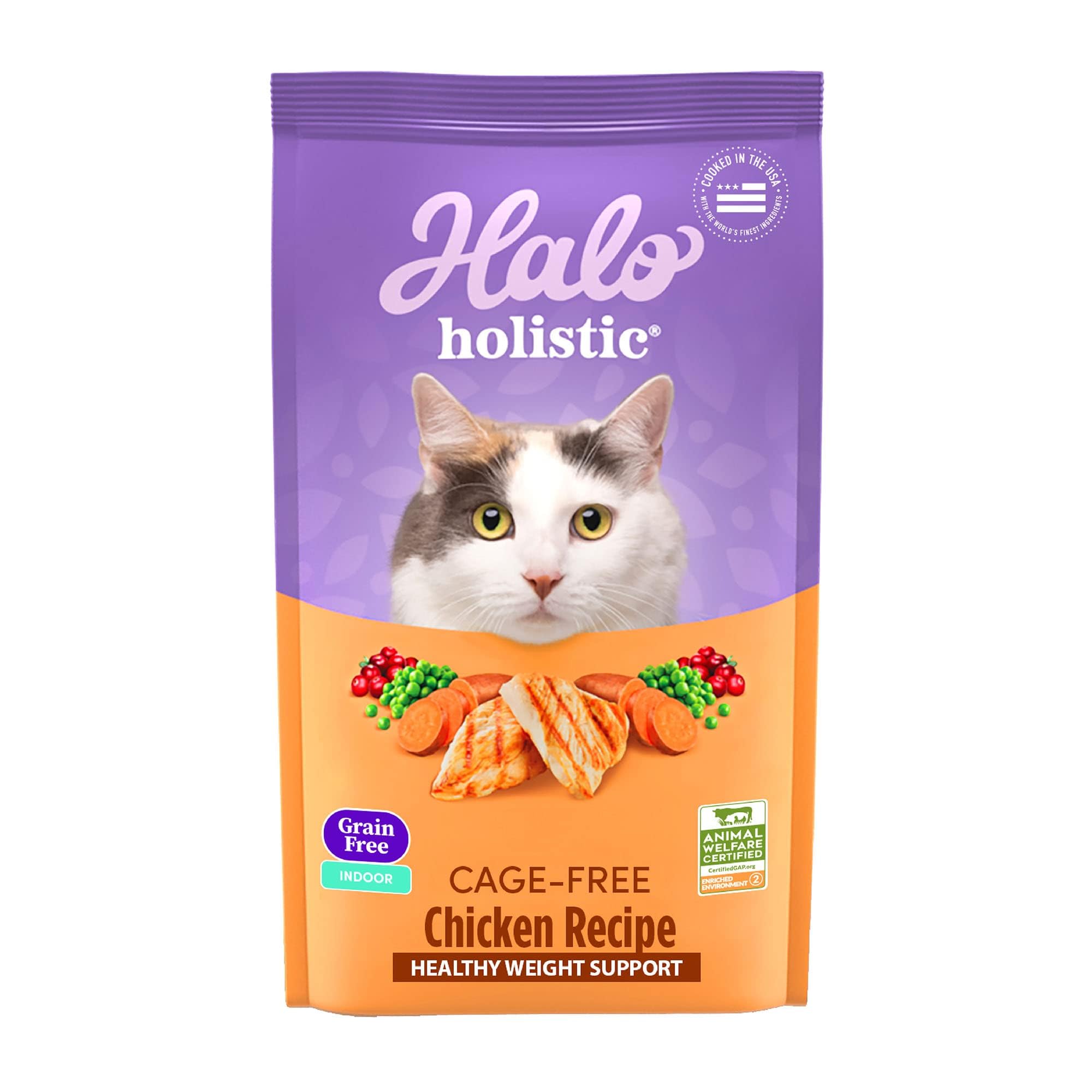 Halo Holistic chicken cat food bag front shows grain-free formula for indoor cats