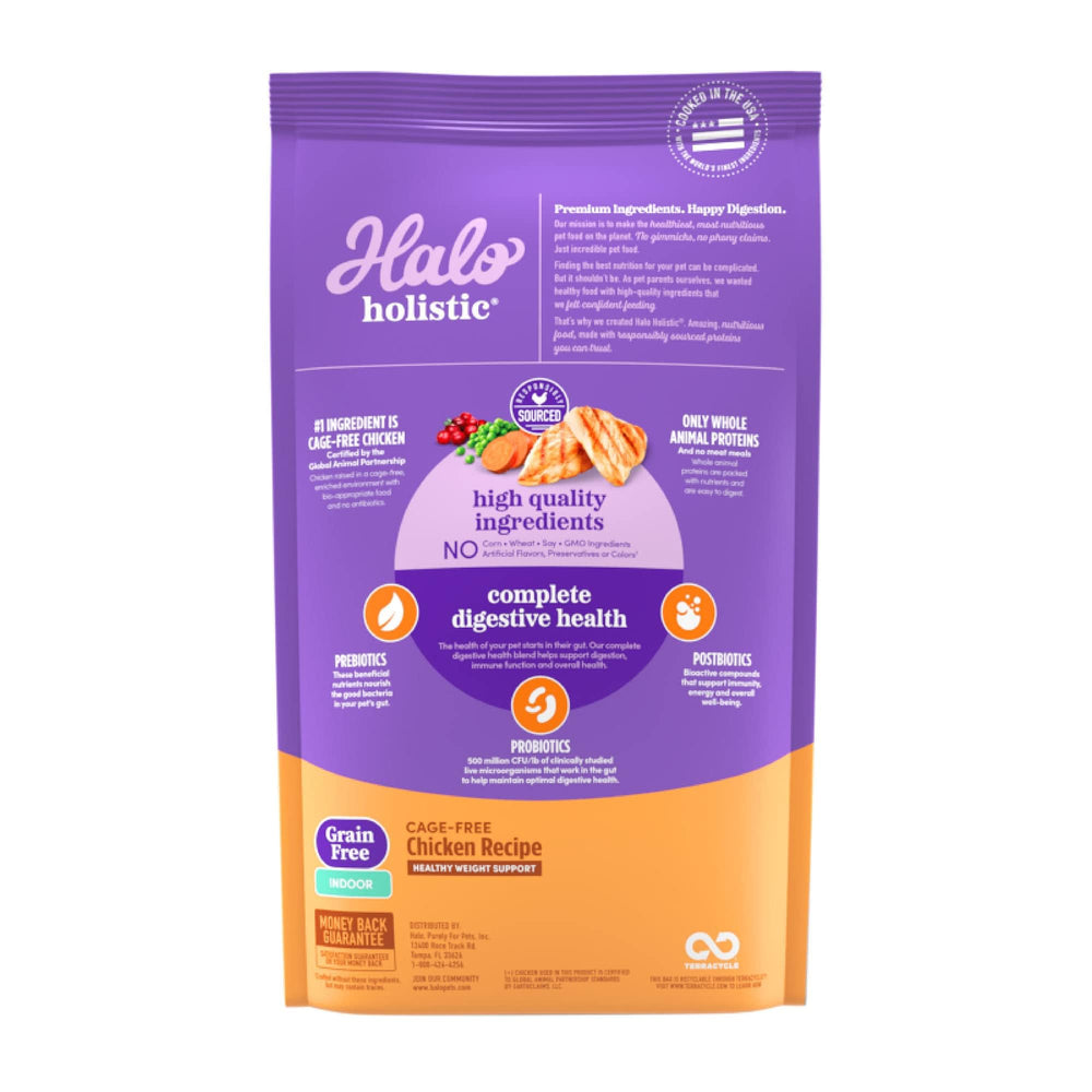 Halo Holistic chicken kibble closeup highlighting grain-free formula for sensitive stomachs