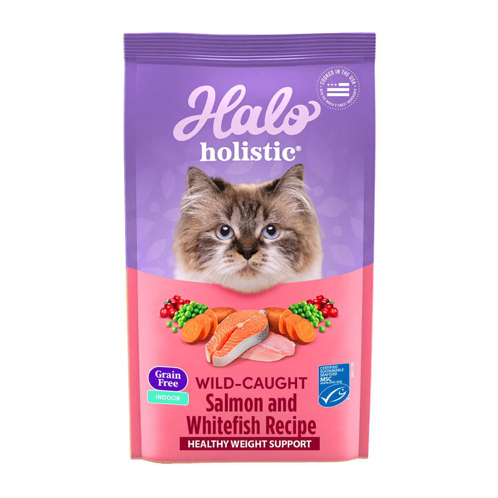 Halo Holistic Salmon & Whitefish bag front shows real fish-first formula for healthy weight support.