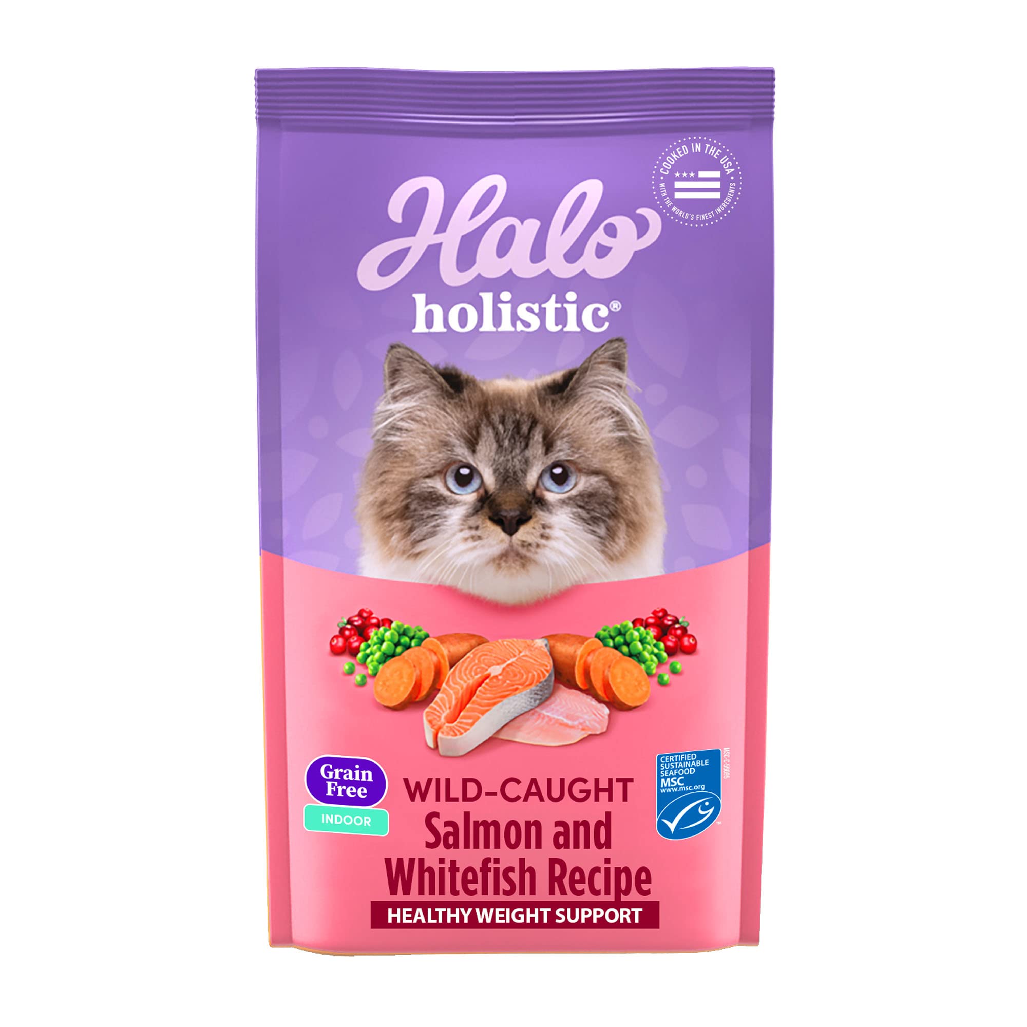 Halo Holistic Salmon & Whitefish dry cat food hero image—grain-free formula supporting indoor cats' energy.