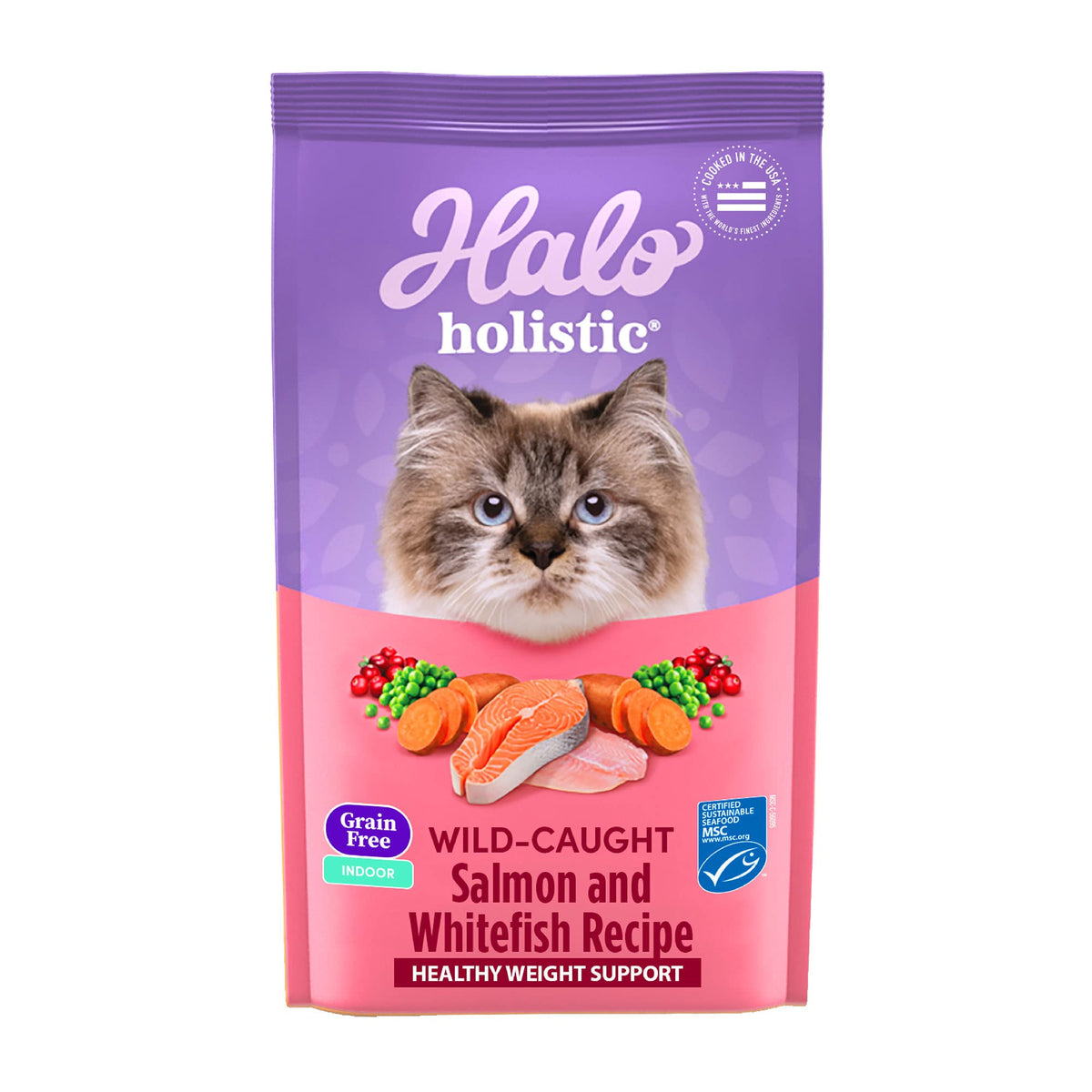 Halo Holistic Salmon & Whitefish dry cat food hero image—grain-free formula supporting indoor cats' energy.