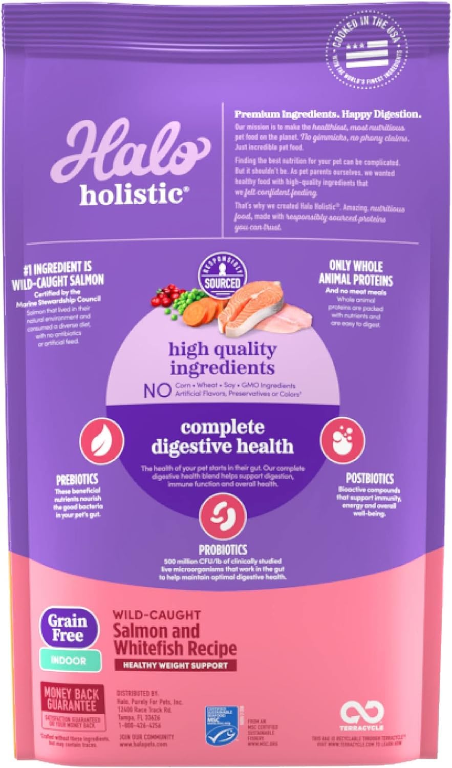 Halo Holistic Salmon & Whitefish packaging image emphasizing real wild-caught salmon first ingredient.